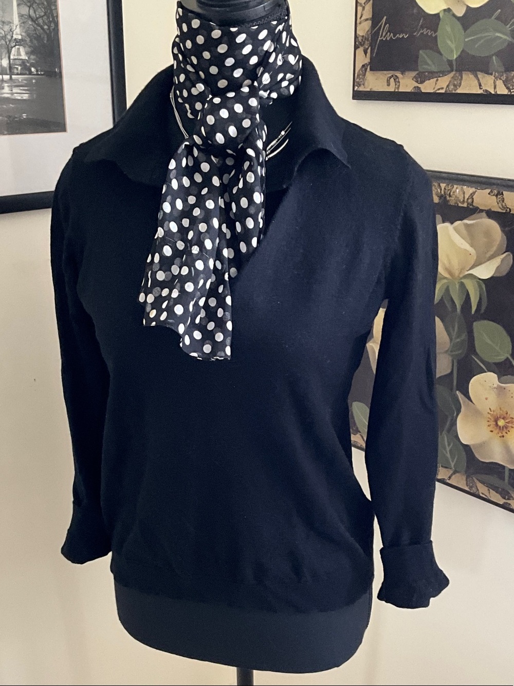 Black Collared Long Sleeve Merino Wool Sweater with Polka Dot Scarf